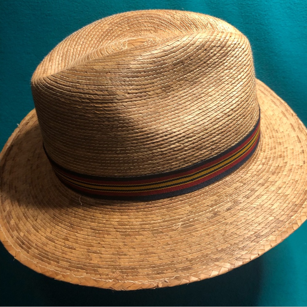 Tula of Austin, TX Straw Fedora w Striped Ribbon Band w Tula Medallion - Picture 4 of 12